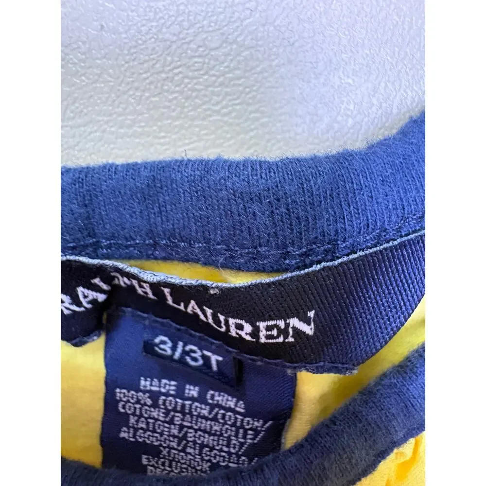 Ralph Lauren Girls Yellow Tank Top 3/3T Navy Trim Ruffle Pony Logo EUC